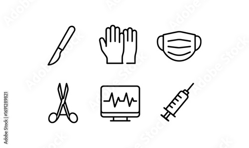 Minimalist medical icons: surgical instruments and protective gear with line art style