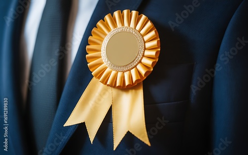 Golden Award Rosette on a Navy Blue Suit Symbolizing Achievement and Recognition in Professional Settings Highlighting Success and Accomplishment