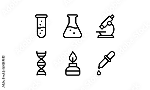Laboratory equipment icons featuring test tubes, microscope, and dna in linear style