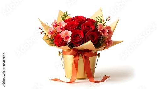 A beautiful bouquet of rich red roses and delicate pink orchids arranged in a golden bucket adorned with a festive ribbon symbolizing love and appreciation