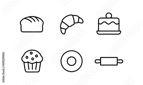 Minimalist bakery icons set: bread, croissant, cake, muffin, donut, rolling pin
