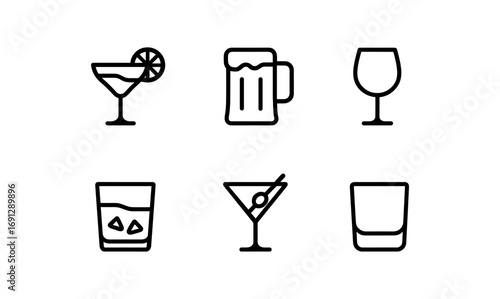 Minimalistic linear icons of various drinkware including cocktails and beer mugs