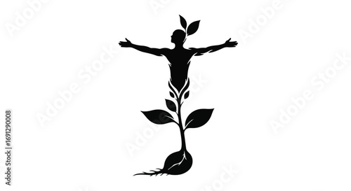 Silhouette of a person with open arms emerging from a growing plant symbolizing growth and new beginnings.