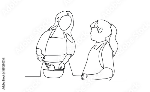 Continuous line drawing of happy mother cooking together with her kid. Lovely family sketch drawing editable stroke vector illustration