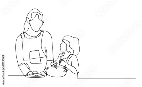 Continuous line drawing of happy mother cooking together with her kid. Lovely family sketch drawing editable stroke vector illustration
