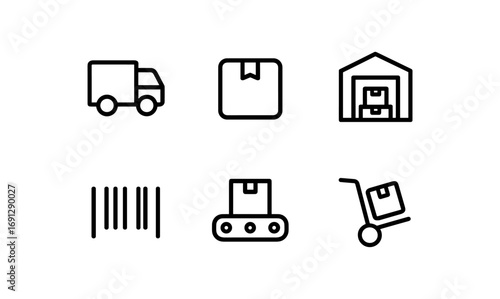 Simple line icons of delivery and logistics: truck, warehouse, barcode, package, conveyor