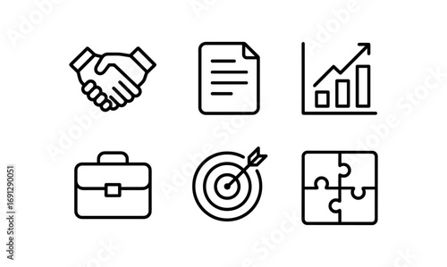 Business icons set with growth graph, target, and handshake in outline style