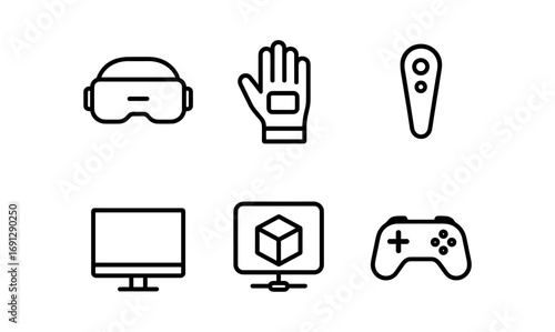 Outline icons of virtual reality elements for gaming and technology
