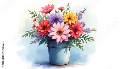 Wallpaper Mural A beautiful watercolor illustration of a colorful arrangement of cheerful daisies and wildflowers in a rustic blue tin bucket perfect for spring or summer decoration Torontodigital.ca