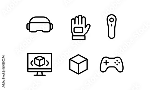 Minimalist virtual reality icons set: headset, controller, gamepad, vr box