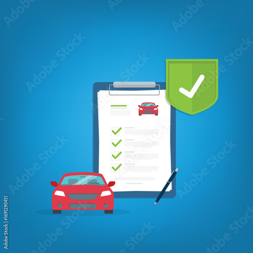 Car insurance document, report. Paper agreement checklist or loan checkmarks form list approved with automobile icon, vehicle financial, car dealership legal deal.	