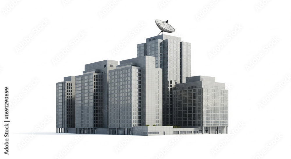 Fototapeta premium Group of modern city office buildings and skyscrapers with a satellite dish on top, isolated transparent background