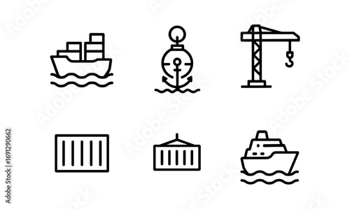 Nautical icons in modern linear style for maritime and shipping themes