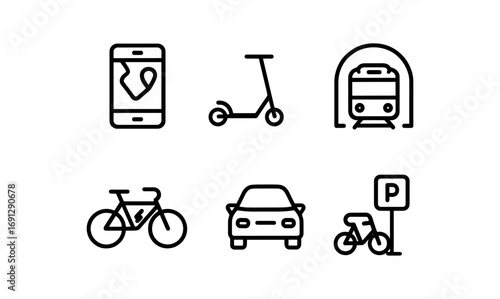 Urban transport icons featuring bicycle, car, scooter, smartphone, and train in minimalist line art