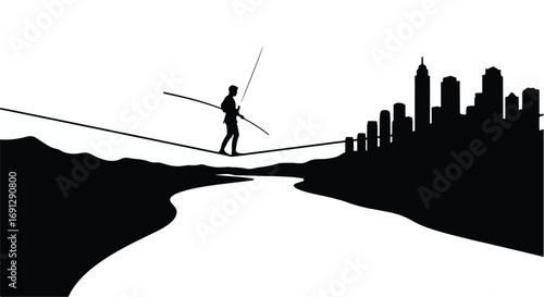 Silhouette of a person walking a tightrope across a river with a city skyline in the distance, symbolizing ambition and risk.