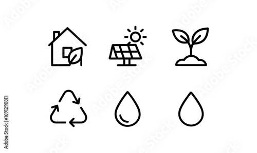 Sustainable energy and eco-friendly living icons set in minimalistic style