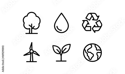 Eco-friendly icons: sustainability, nature, renewable energy, and recycling symbols