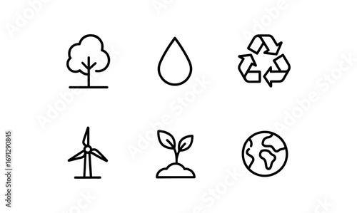 Eco-friendly linear icons: sustainability and nature conservation symbols