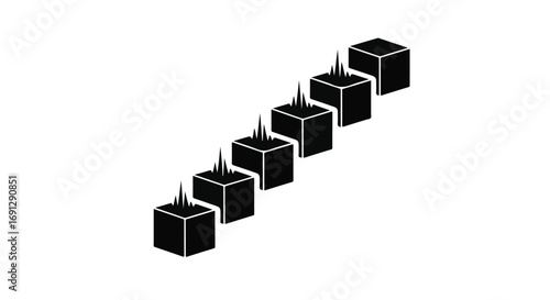 Six black cubes arranged diagonally with abstract spikes emerging from the top surfaces
