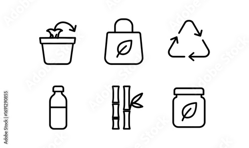Eco-friendly icons set: recycling, sustainability, and zero waste symbols in linear style