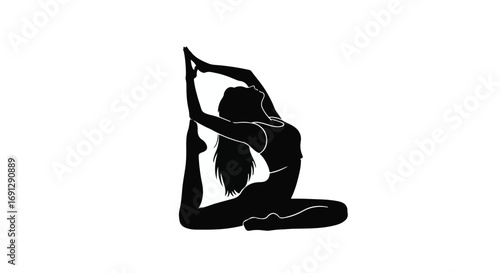 Graceful silhouette of a woman in a challenging yoga pose, symbolizing flexibility and inner peace.