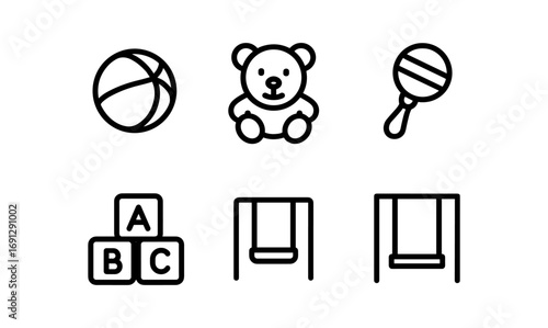 Minimalist baby and kid toys icons set with teddy, blocks, and swings