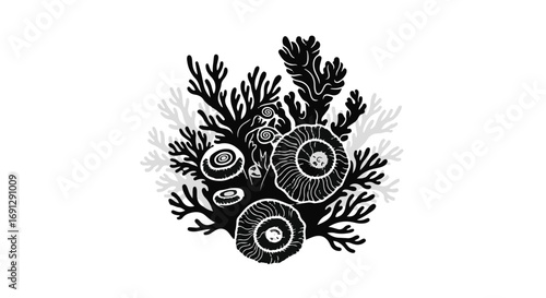 Intricate black and white illustration of diverse marine life and coral formations