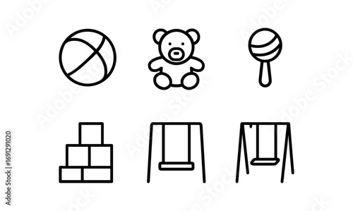 Simple line art of kids' toys featuring ball, teddy, rattle, blocks, and swings