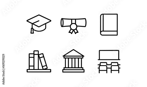Education icon set: graduation, diploma, books, university, classroom
