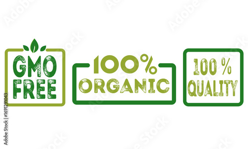 organic food labels set gmo free, 100% organic, 100%bquality eco badges