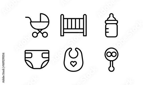 Minimalist baby essentials icons: stroller, crib, bottle, diaper, bib, rattle
