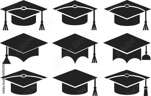 Set of nine graduation cap icons with tassels on white background mortarboard academic cap
