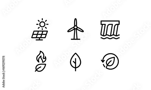 Sustainable energy icons: solar, wind, hydro, biomass, eco leaf, recycling symbols in minimal line art