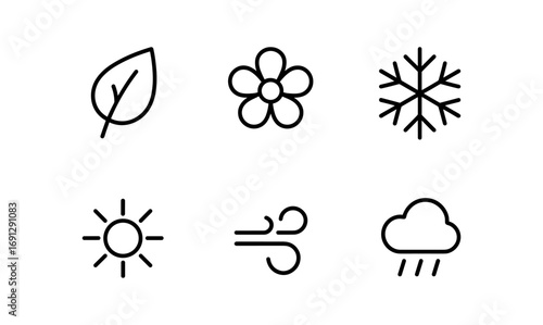 Minimalist seasonal icons: leaf, flower, snowflake, sun, wind, rain