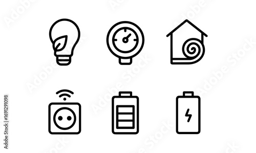 Energy efficiency icon set: minimalist line art of light bulb, thermometer, smart home, outlet, batteries