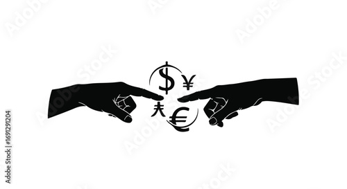 Symbolic hands reaching towards diverse currency symbols in a circular flow representing global finance.