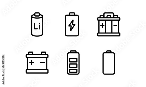 Collection of minimalist battery icons for energy and power themes