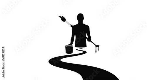 Silhouette of a person painting their own path forward with a paintbrush and bucket