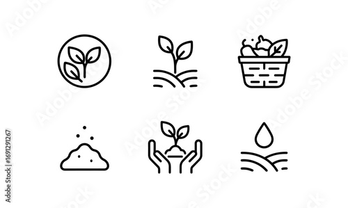 Eco-friendly line art icons: sustainability, farming, and nature conservation
