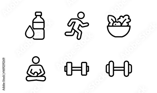 Health and fitness icons in simple linear style for wellness promotion