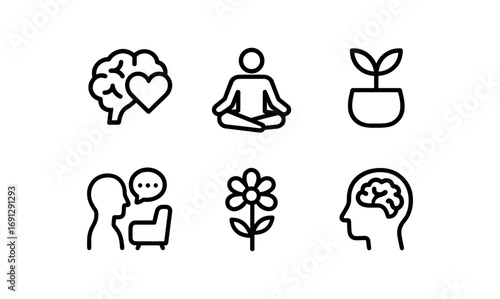 Minimalist icons of mental health and wellness: meditation, therapy, nature