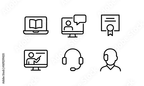 Minimalist online education icons set featuring e-learning and remote communication tools