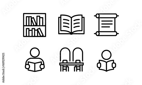 Library and reading icons set: books, scrolls, and readers in minimal outline design