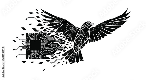 Bird transforming into digital data, symbolizing technological evolution and freedom.