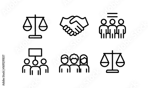 Icons of justice, community, and unity in minimalist black lines