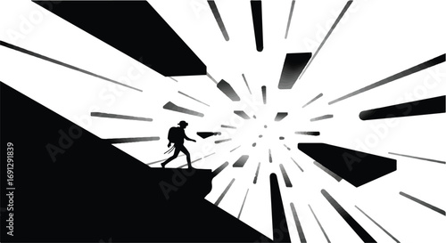 Silhouette of a solo traveler stepping into a dynamic, abstract light tunnel.