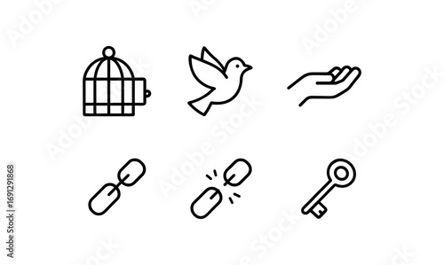Minimalist icons of freedom and liberation: cage, bird, hand, break, key