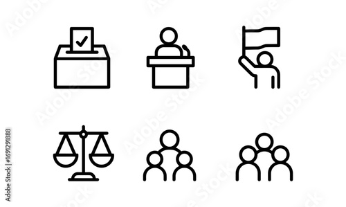 Minimalist political icons set: voting, public speaking, and advocacy