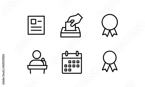 Election icons set: voting, calendar, and award in minimalist line art style