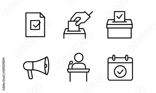 Linear election icons: voting, megaphone, calendar, ballot box, speaker